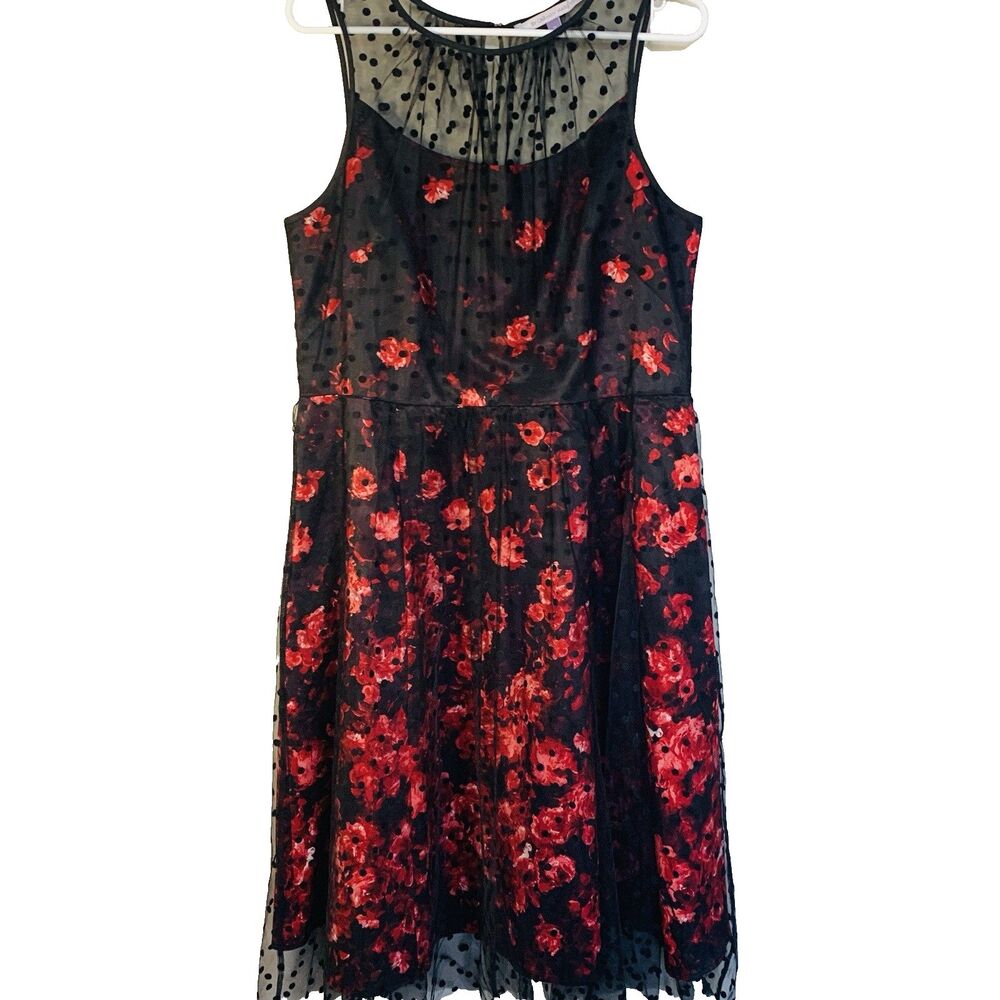Carmen Marc Valvo Red Floral Dress Size 14 Dotted Swiss Overlay Whimsy Goth